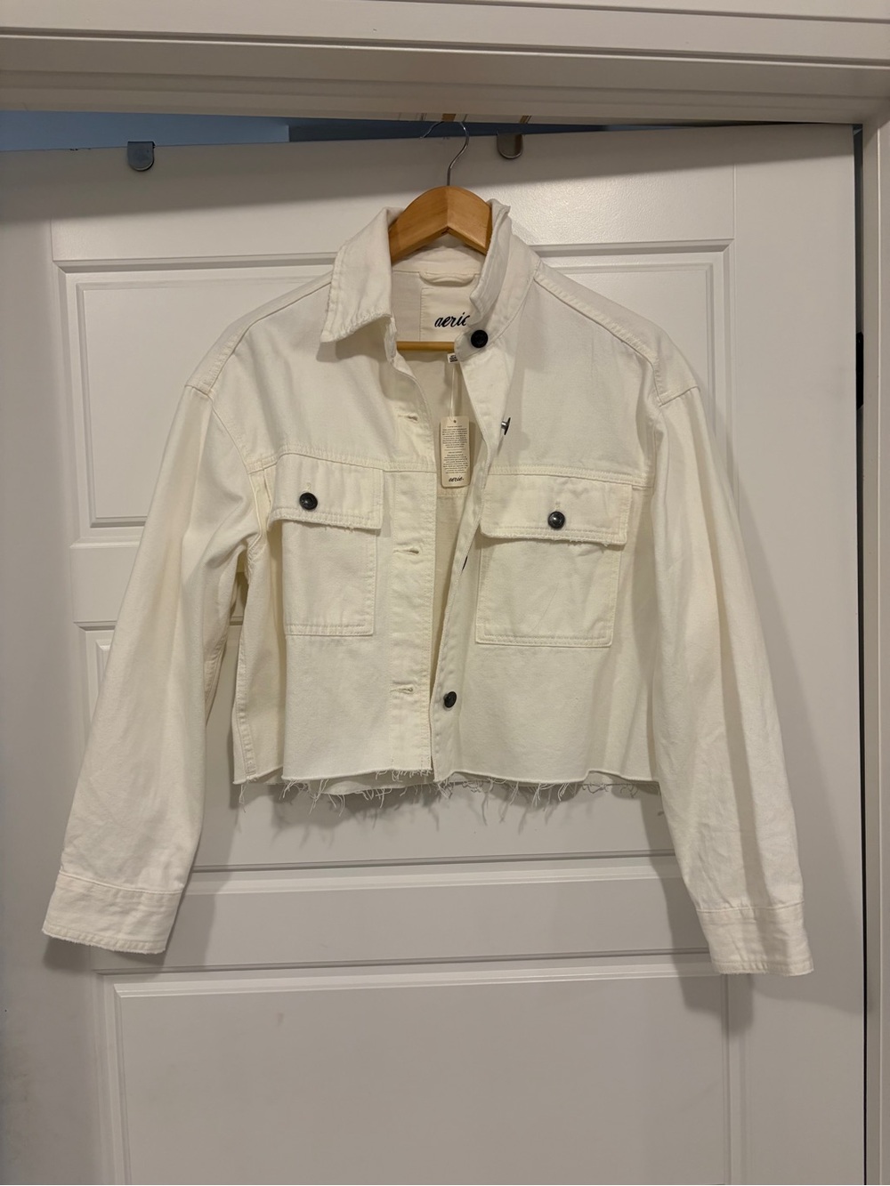 aerie Cream Cropped Denim Jacket with Raw Hem